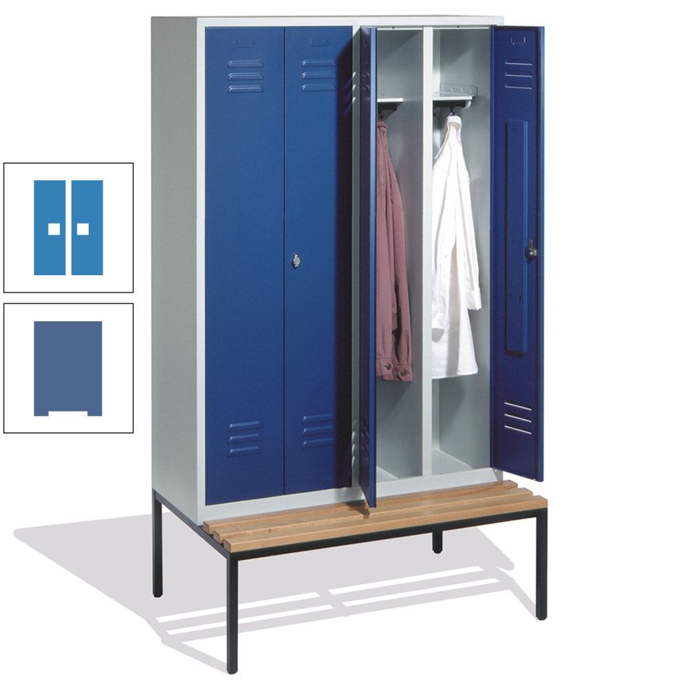 Doppel-Spindschrank, Buche Sitzbank untergebaut, 4 Abteile a 300 mm, Korpus lichtgrau, Tür anthrazitgrau, 2.090 x 1.190 x 815 mm (HxBxT)