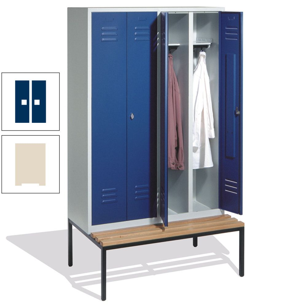 Doppel-Spindschrank, Buche Sitzbank untergebaut, 4 Abteile a 300 mm, Korpus lichtgrau, Tür anthrazitgrau, 2.090 x 1.190 x 815 mm (HxBxT)