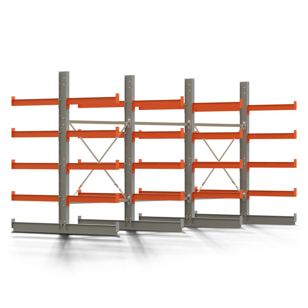 Doppelseitiges Kragarmregal, 2 Felder, 2.000 x 2.560 x 1.120 mm (HxBxT), Nutztiefe 500 mm, Kragarmlast 870 kg, KARL basic, silbergrau/reinorange
