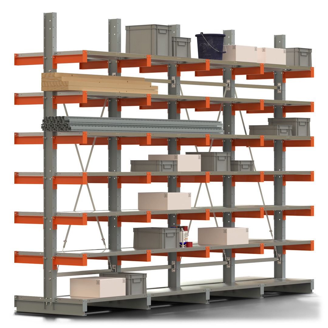 Doppelseitiges Kragarmregal mit Fachböden, 2 Felder, 3.000 x 2.000 (HxB), Nutztiefe 1.000 mm, Kragarmlast 450 kg, KARL basic, silbergrau/reinorange