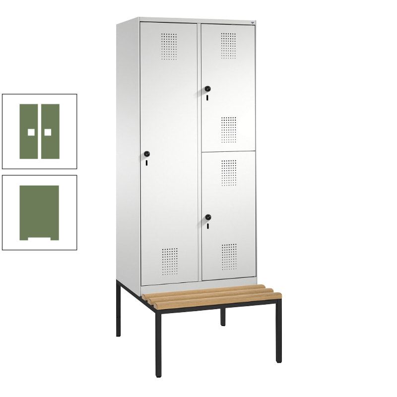 Garderobenschrank, Spind ein- und doppelstöckig Sitzbank, 2 Abteile, 3 Fächer, 2.090 x 800 x 500 mm (HxBxT), Front anthrazitgrau, Korpus anthrazitgrau