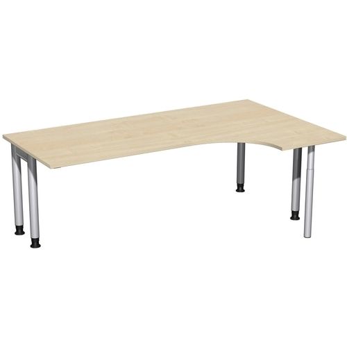 Eckschreibtisch, Ecke rechts, Füße einseitig verkürzt, 4-Fuß Pro, höhenverstellbar, 680-800 x 1.600 x 1.200 mm (HxBxT), Dekor Ahorn