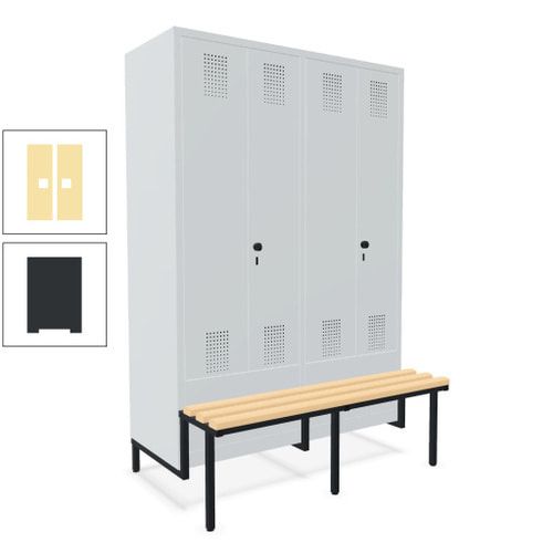 Doppel-Spind, Garderobenschrank, Buche Sitzbank integriert, 4 Abteile 300 mm, Korpus anthrazitgrau, Tür anthrazitgrau, 1.850 x 1.200 x 815 mm (HxBxT)