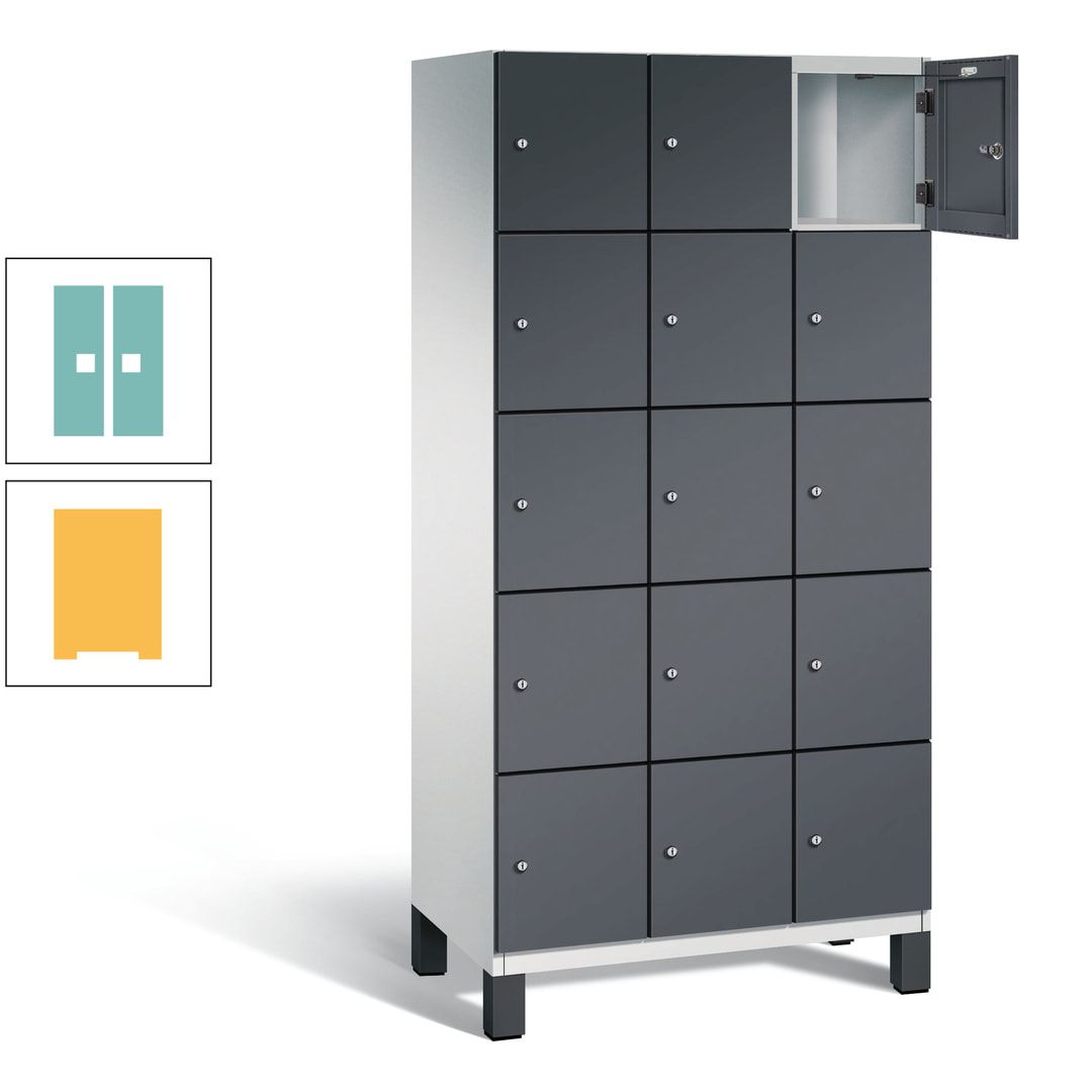 Fächerschrank, Stahlschrank, 15 Fächer, Türöffnungsbegrenzer, Füße, 1.980 x 900 x 525 mm (HxBxT), Korpus anthrazitgrau, Front anthrazitgrau
