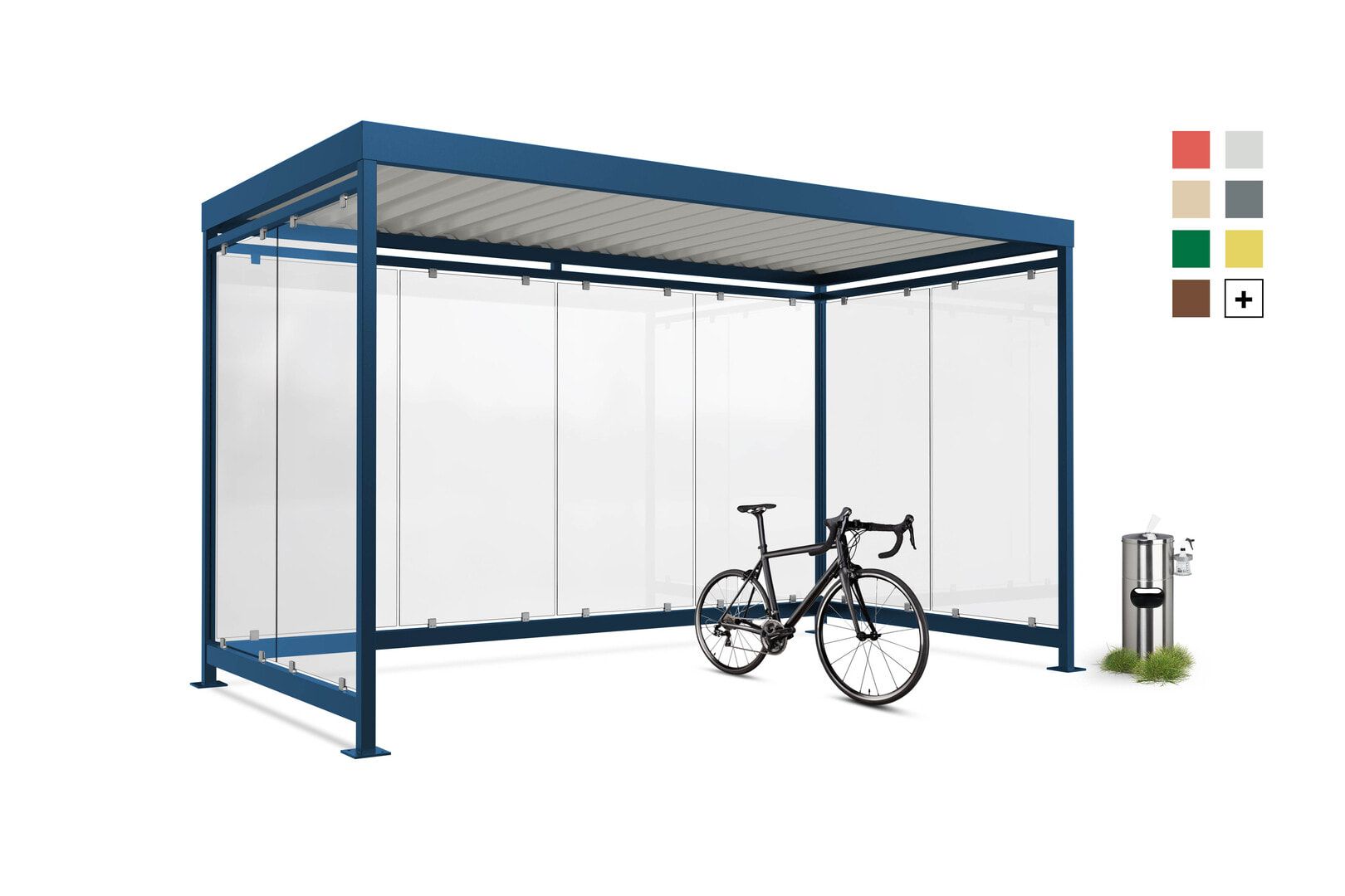 Fahrradunterstand, Raucherunterstand, Bausatz, 12-13 Personen, 2.510 x 4.195 x 2.165 mm (HxBxT), 8 Wände, Patinagrün