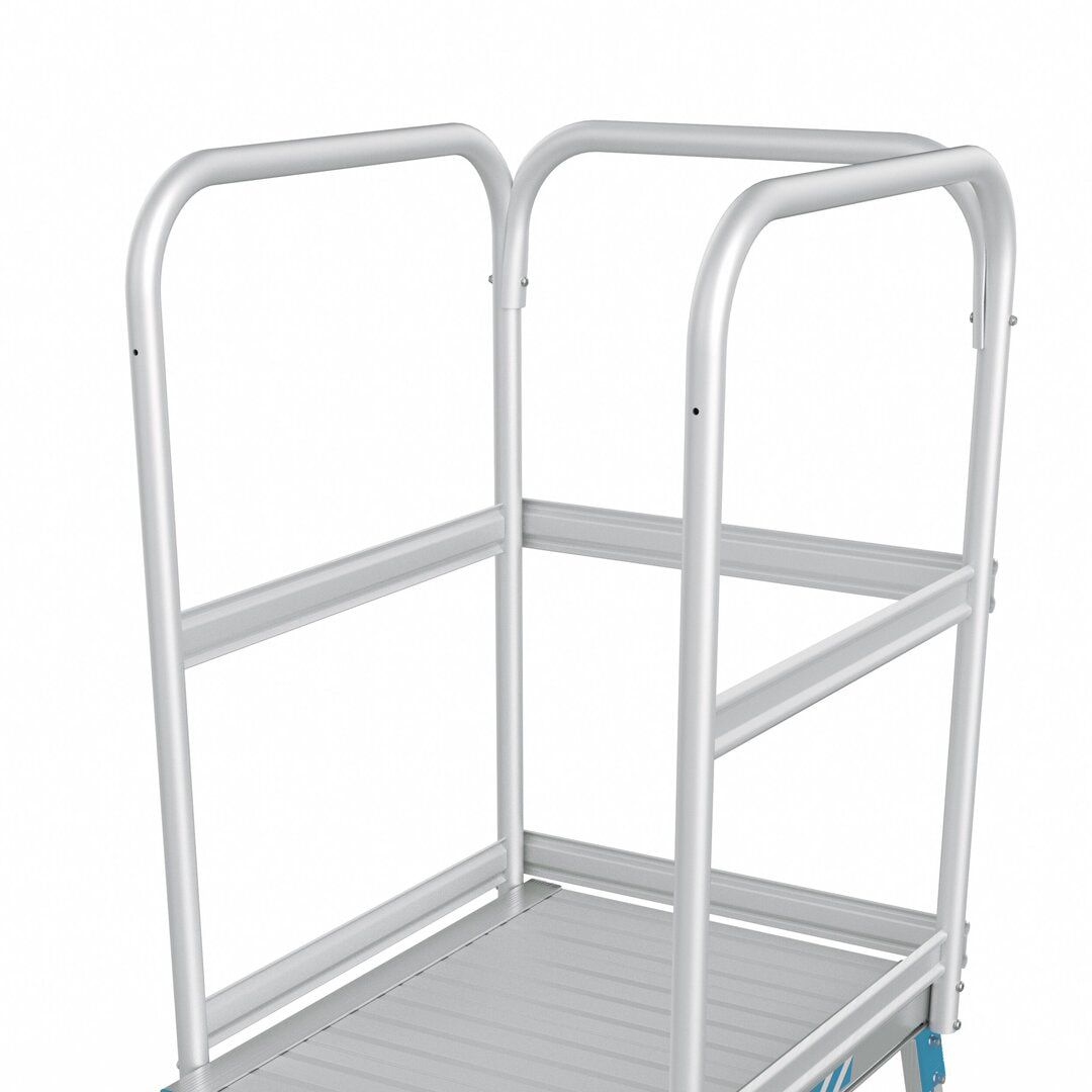 Podesttreppe, fahrbar, 5 Stufen, Aluminium, einseitig, geriffelte Stufen, geschweisste Verbindung, 600x800 mm (BxT) Plattform, Geländer 1.000 mm hoch