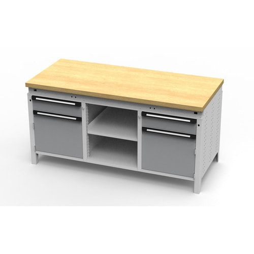 OTTOKIND Werkbank - bündig Arbeitsplatte - 850 x 1.695 x 750 mm (HxBxT) - 2 Schubladen - 2 Schränke - 2 Ablageböden - lichtgrau