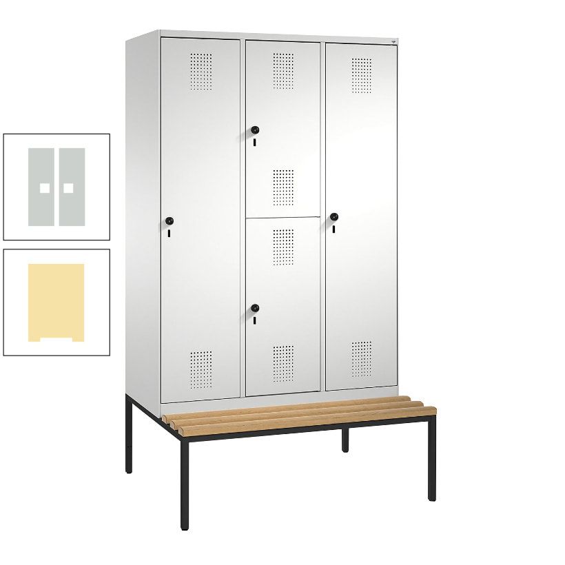 Garderobenschrank, Spind ein- und doppelstöckig Sitzbank, 3 Abteile, 4 Fächer, 2.090x1.200x500 mm (HxBxT), Front anthrazitgrau, Korpus anthrazitgrau
