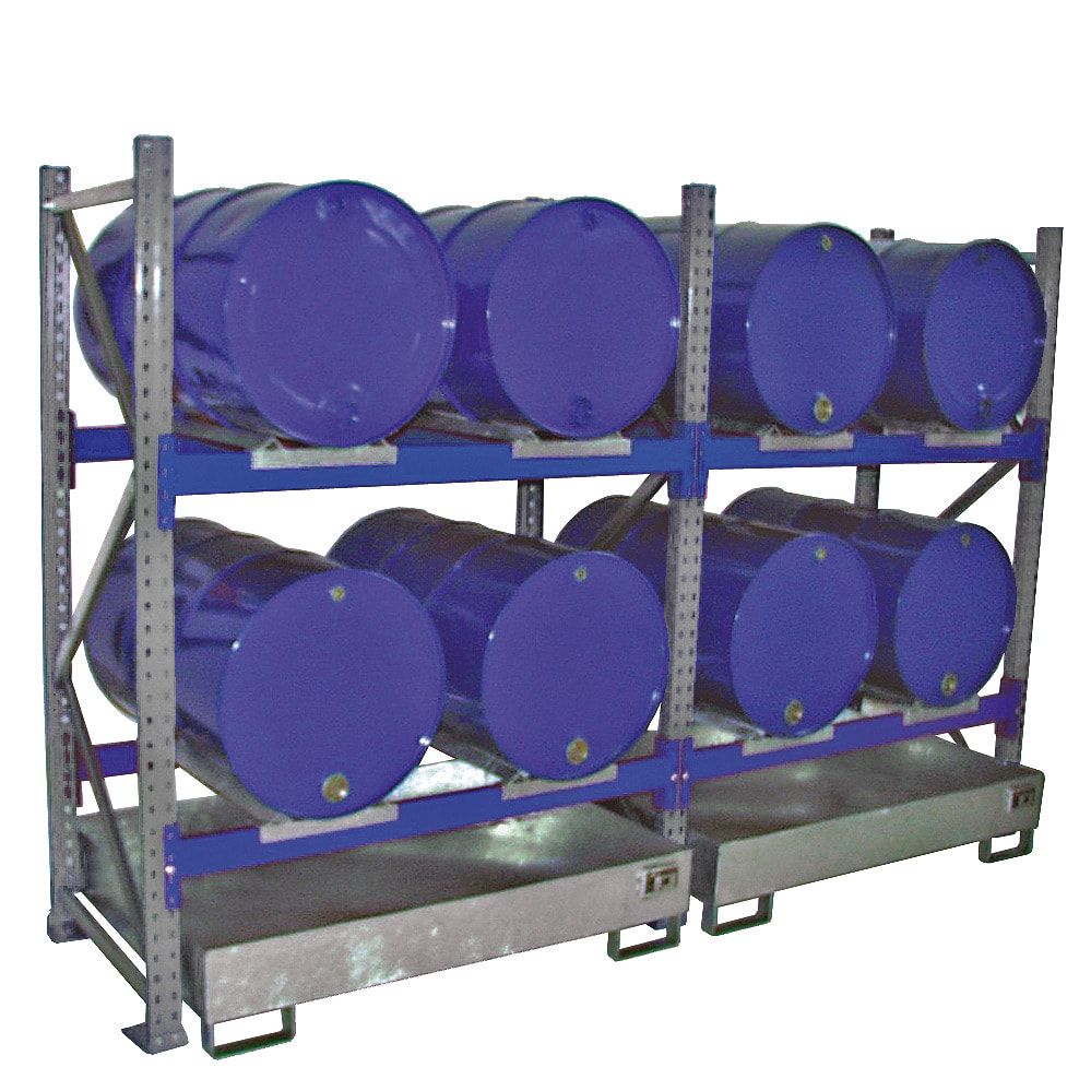 Fassregal mit Auffangwanne - für 4 x 200 Liter Fässer - 2 Etagen - Anbauregal