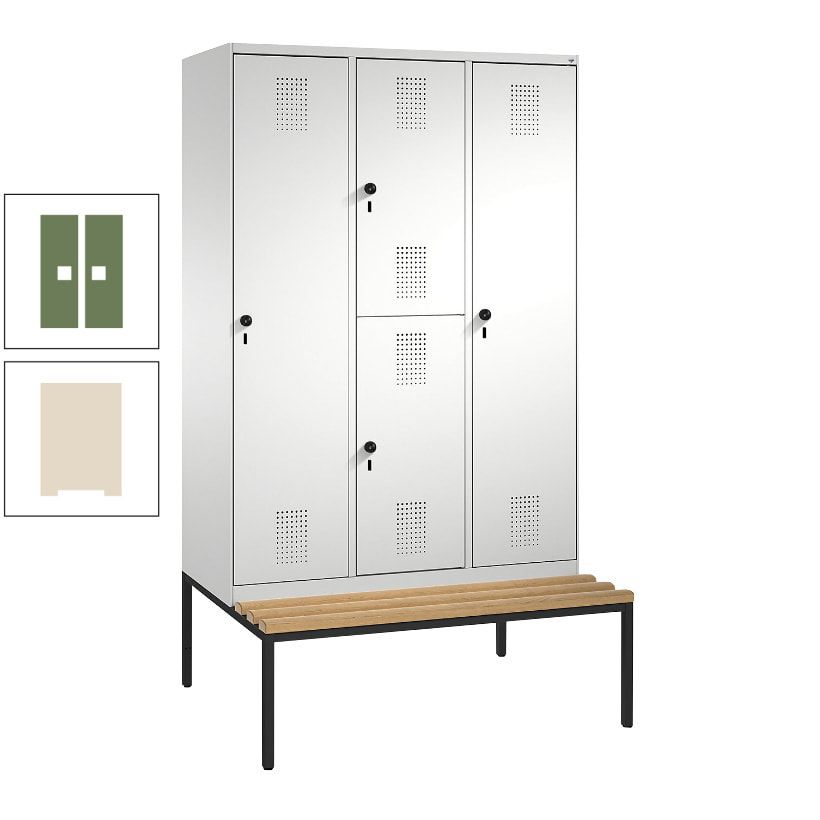 Garderobenschrank, Spind ein- und doppelstöckig Sitzbank, 3 Abteile, 4 Fächer, 2.090x1.200x500 mm (HxBxT), Front anthrazitgrau, Korpus anthrazitgrau