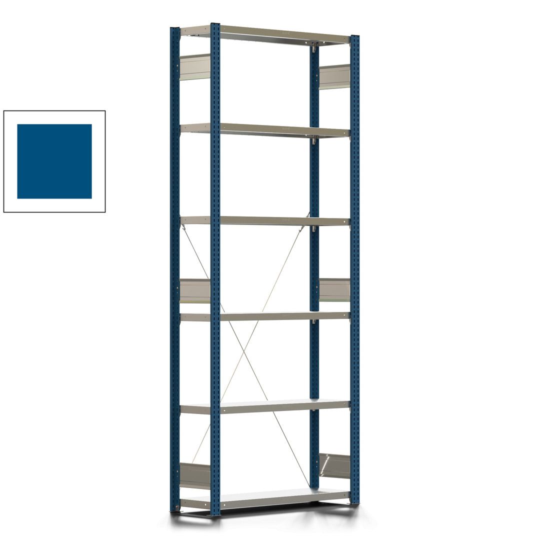 Fachbodenregal mit Tiefenriegel - 350 kg - 2.500 x 1.005 x 326 mm (HxBxT) - Anbauregal - 6 Böden - enzianblau - Lagerregal - Steckregal BERT