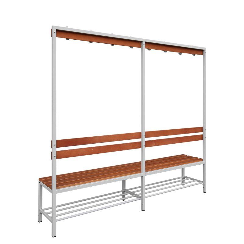 Umkleidebank, Umkleide-Sitzbank, Schuhrost, Haken, Breite 1.200 mm, Sitzhöhe 400 mm, Stahl mit Holzleisten, Gestell: lichtgrau, Sitzleisten: Buche