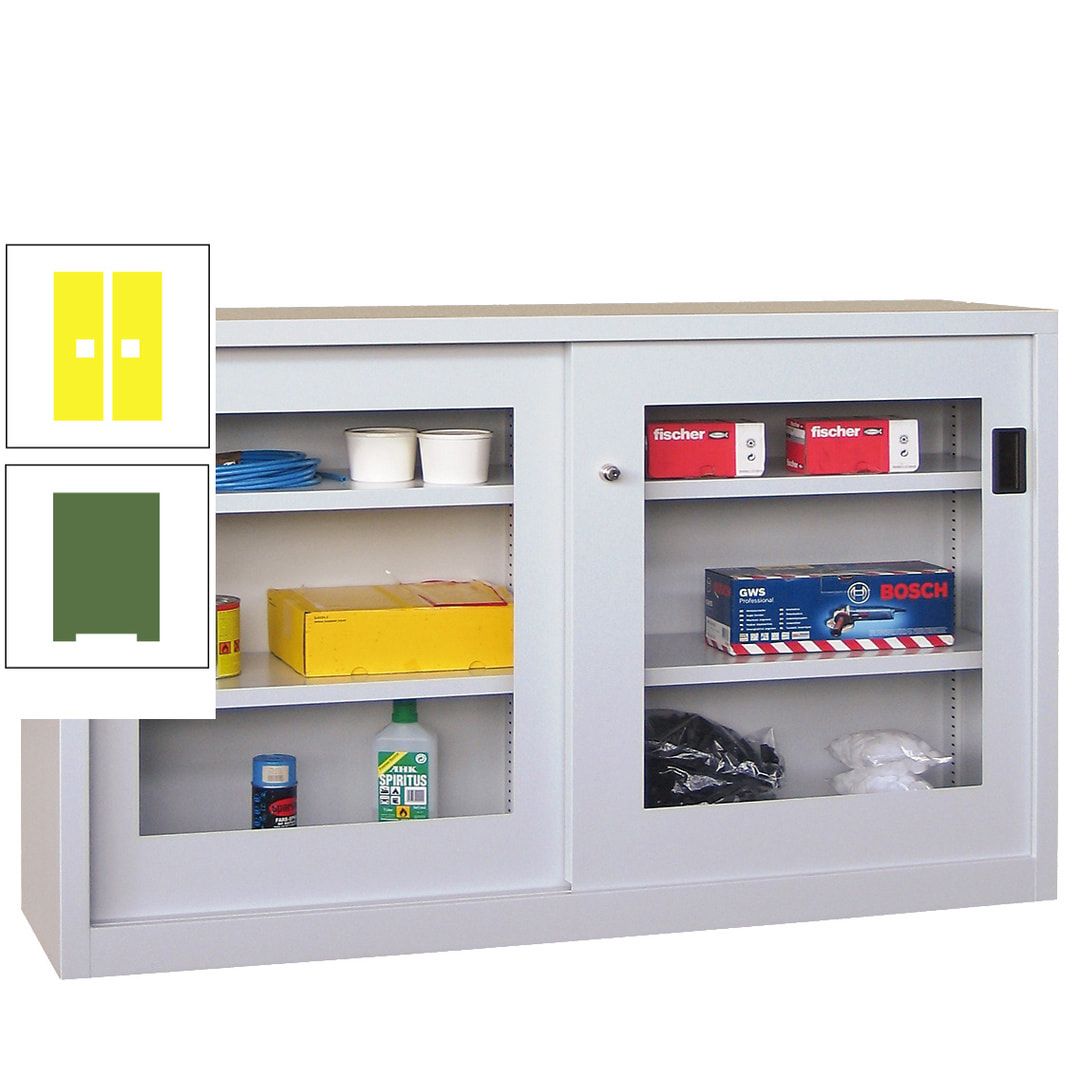 Schiebetürenschrank - Sichtfenstertüren - 1.000x1.500x600 mm (HxBxT) - 4 Böden, verzinkt - Zylinderschloss - anthrazitgrau
