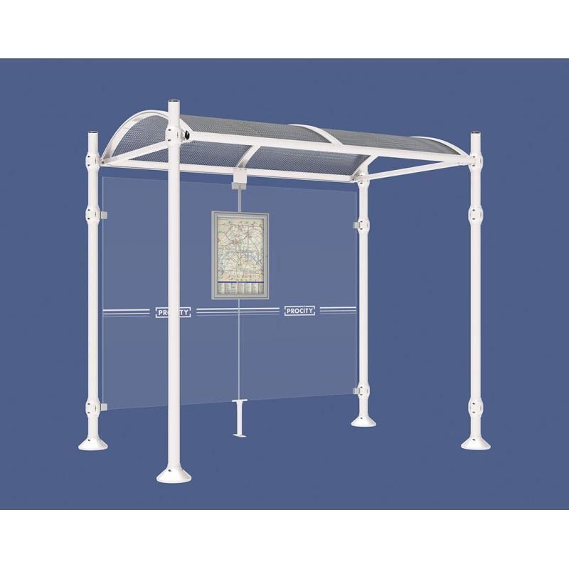 Buswartehalle, Unterstand, 2.500 x 2.500 x 1.600 mm (HxBxT), Kopfmodell Agora, ESG, Fahrplanschaukasten, Farbe enzianblau