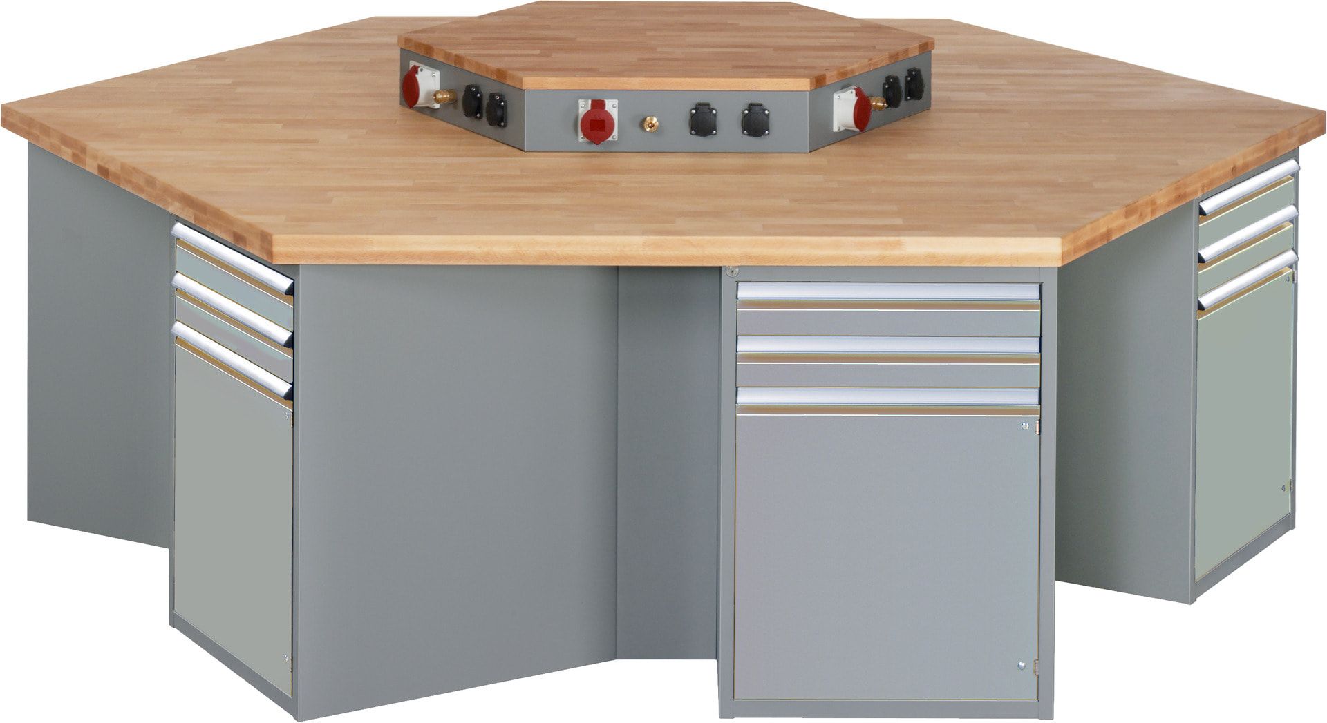 Gruppenwerkbank, Buche, Höhe 840 mm, mit Energieaufsatz, Unterbau-Container, 2 Schubladen, 1 Tür, 1 Boden - Anthrazitgrau
