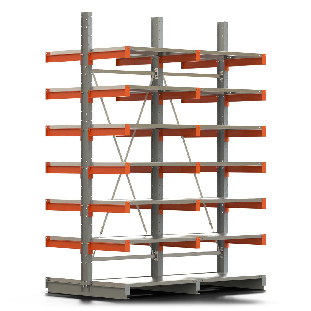 Doppelseitiges Kragarmregal mit Fachböden, 2 Felder, 3.000 x 2.000 (HxB), Nutztiefe 1.000 mm, Kragarmlast 450 kg, KARL basic, silbergrau/reinorange