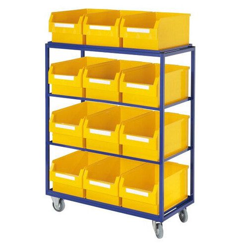 Kommissionierwagen für Sichtlagerkästen, Traglast 230 kg, Ladefläche 480 x 960 mm, 4 Etagen, Farbe enzianblau