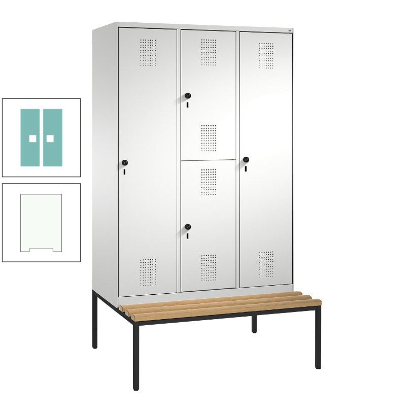 Garderobenschrank, Spind ein- und doppelstöckig Sitzbank, 3 Abteile, 4 Fächer, 2.090x1.200x500 mm (HxBxT), Front anthrazitgrau, Korpus anthrazitgrau