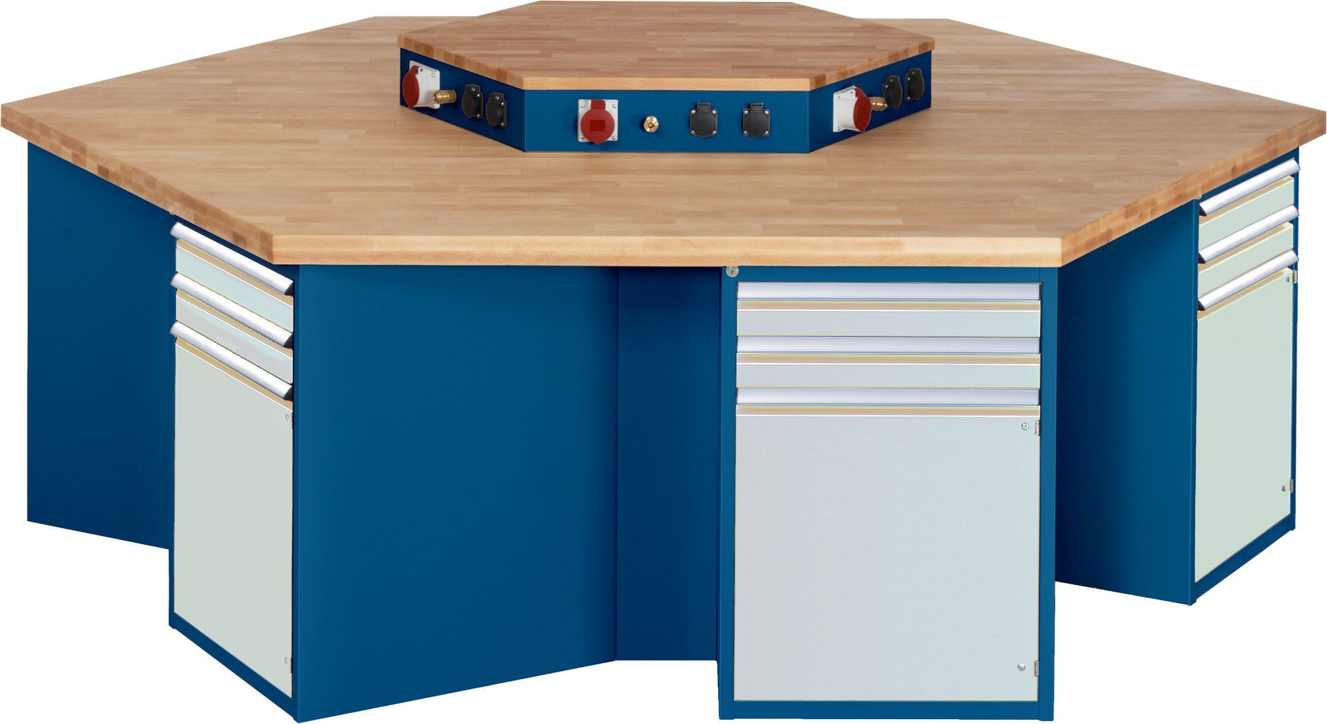 Gruppenwerkbank, Buche, Höhe 840 mm, mit Energieaufsatz, Unterbau-Container, 2 Schubladen, 1 Tür, 1 Boden - Anthrazitgrau