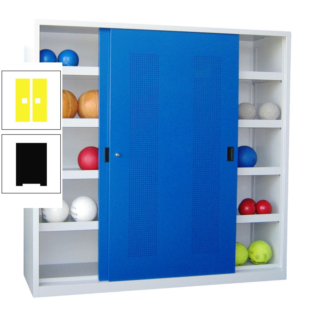 Ballschrank - Schiebetüren mit Lochfeld - Trennwand - 8 Böden - 1.950x2.000x600 mm (HxBxT) - anthrazitgrau