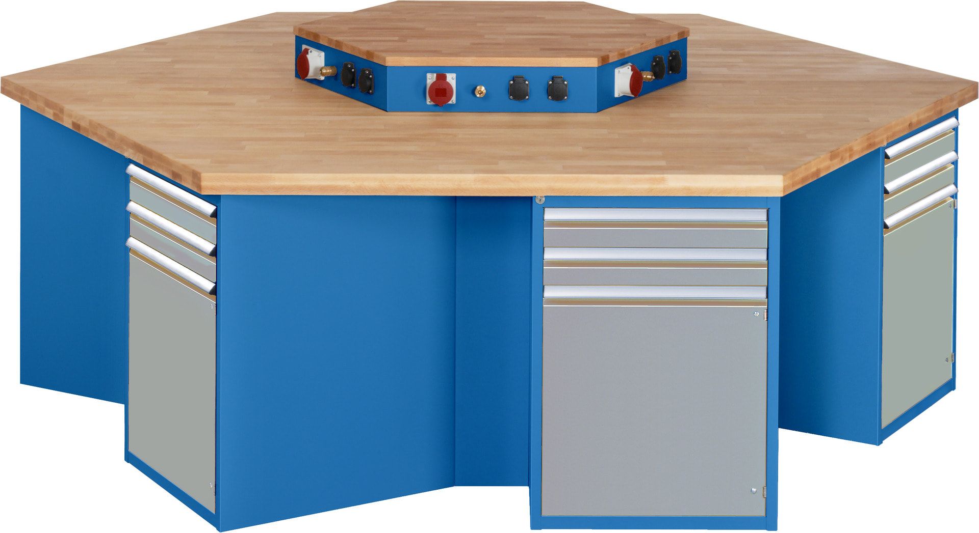Gruppenwerkbank, Buche, Höhe 840 mm, mit Energieaufsatz, Unterbau-Container, 2 Schubladen, 1 Tür, 1 Boden - Anthrazitgrau