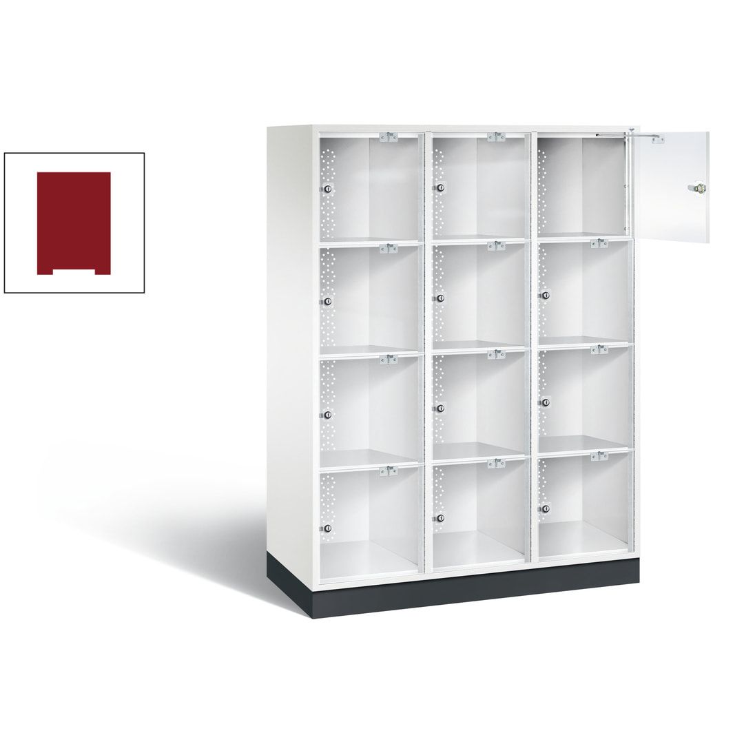 Schließfachschrank, Fächerschrank mit Türen aus Acrylglas, 3 Abteile, 12 Fächer, Zylinderschloss, 1.750 x 1.220 x 500 mm (HxBxT), Korpus anthrazitgrau