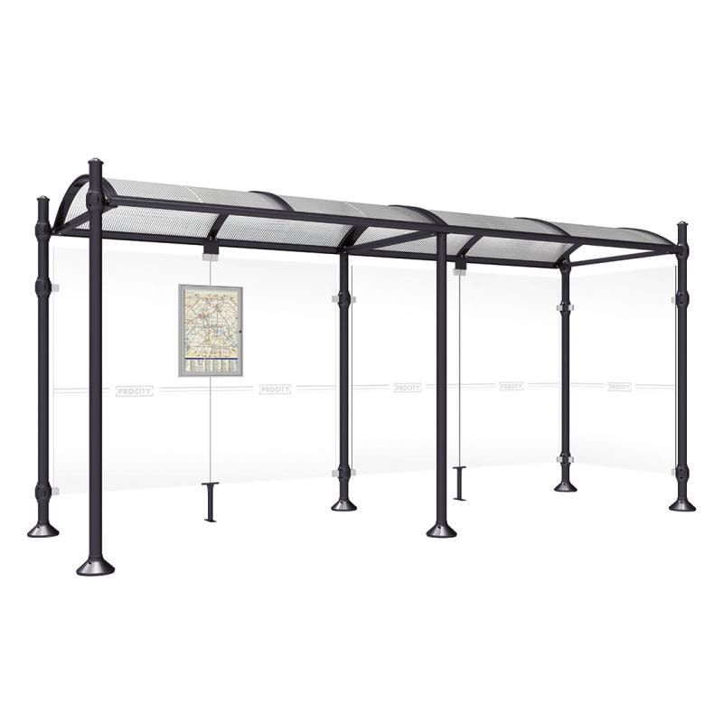 Buswartehalle, Unterstand, 2 Seitenwände, Kopf gebürsteter Edelstahl, ESG, Fahrplanschaukasten, 2.500 x 2.500 x 1.600 mm (HxBxT), Farbe enzianblau
