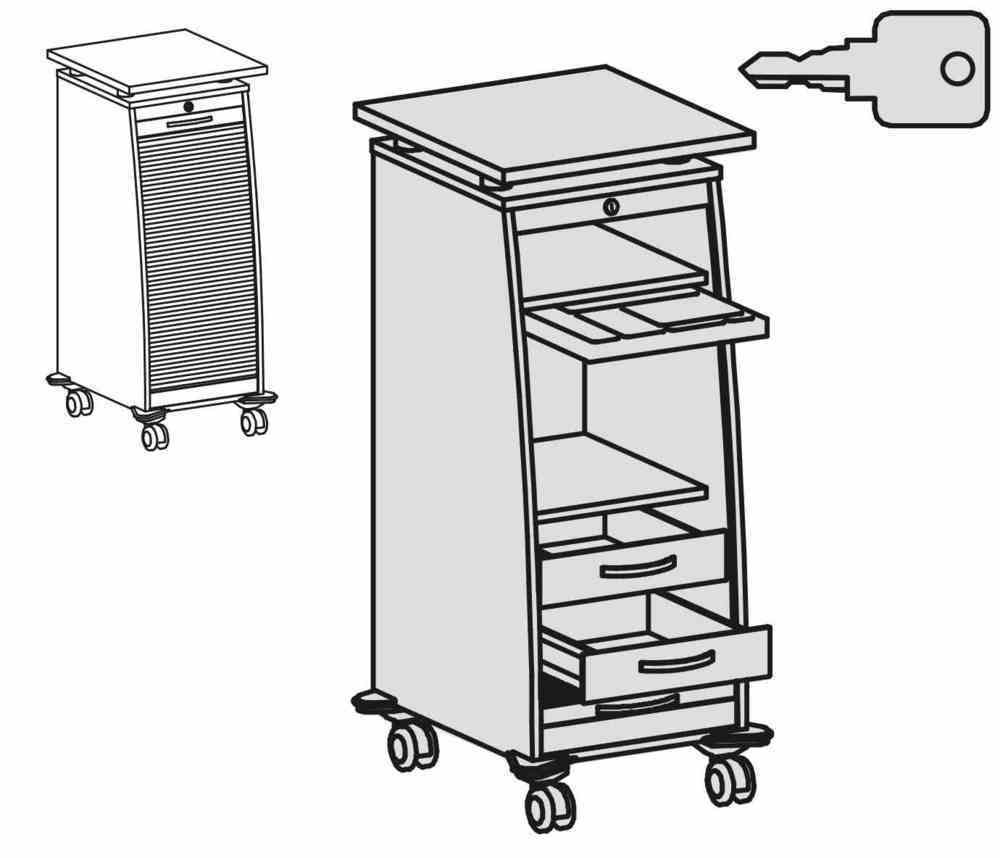 Rollladencaddy, 2 Schubladen, Materialauszug, Fachböden, 4 Rollen, abschließbar,1.155 x 515 x 600 mm (HxBxT), Front silber, Korpusfarbe Ahorn