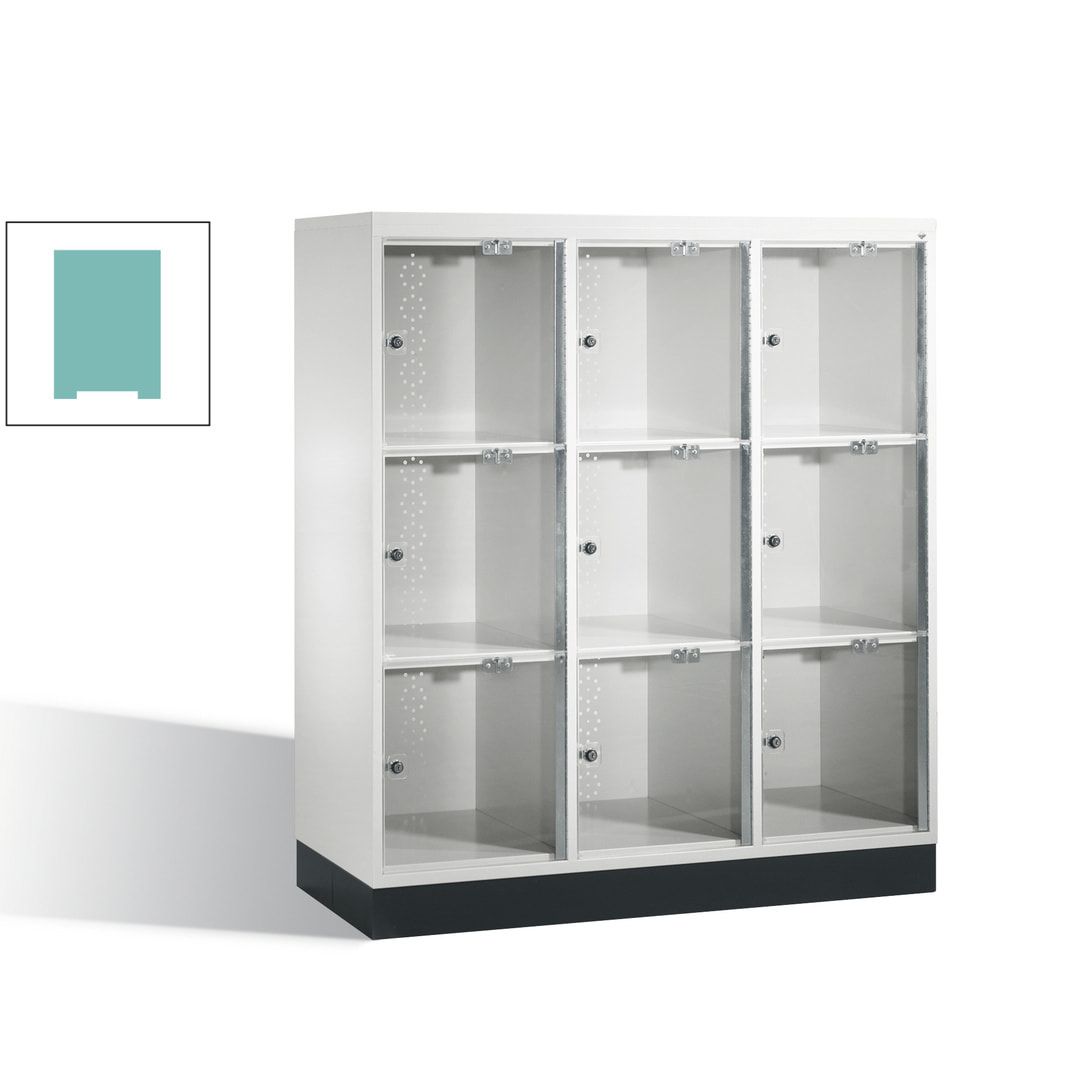 Schließfachschrank, Fächerschrank mit Türen aus Acrylglas, 3 Abteile, 9 Fächer, Zylinderschloss, 1.370 x 1.220 x 500 mm (HxBxT), Korpus anthrazitgrau
