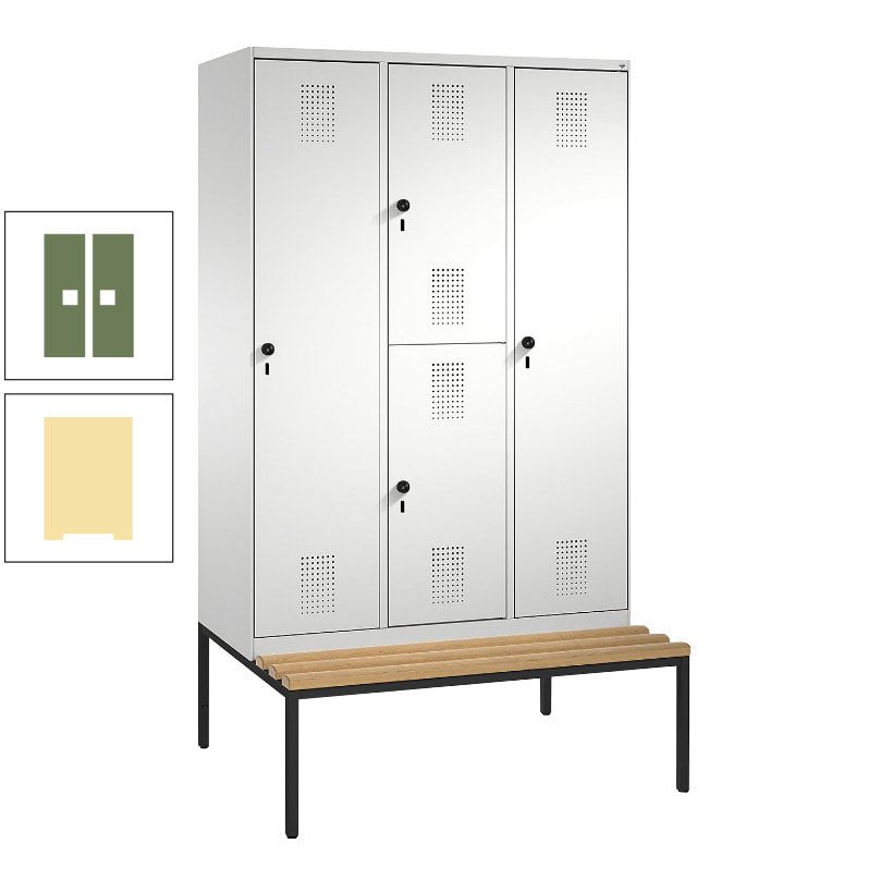 Garderobenschrank, Spind ein- und doppelstöckig Sitzbank, 3 Abteile, 4 Fächer, 2.090x1.200x500 mm (HxBxT), Front anthrazitgrau, Korpus anthrazitgrau