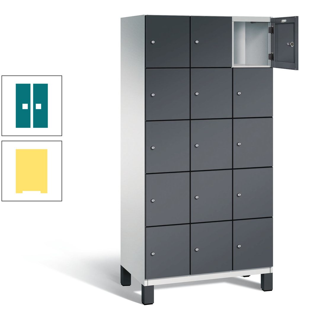 Fächerschrank, Stahlschrank, 15 Fächer, Türöffnungsbegrenzer, Füße, 1.980 x 900 x 525 mm (HxBxT), Korpus anthrazitgrau, Front anthrazitgrau