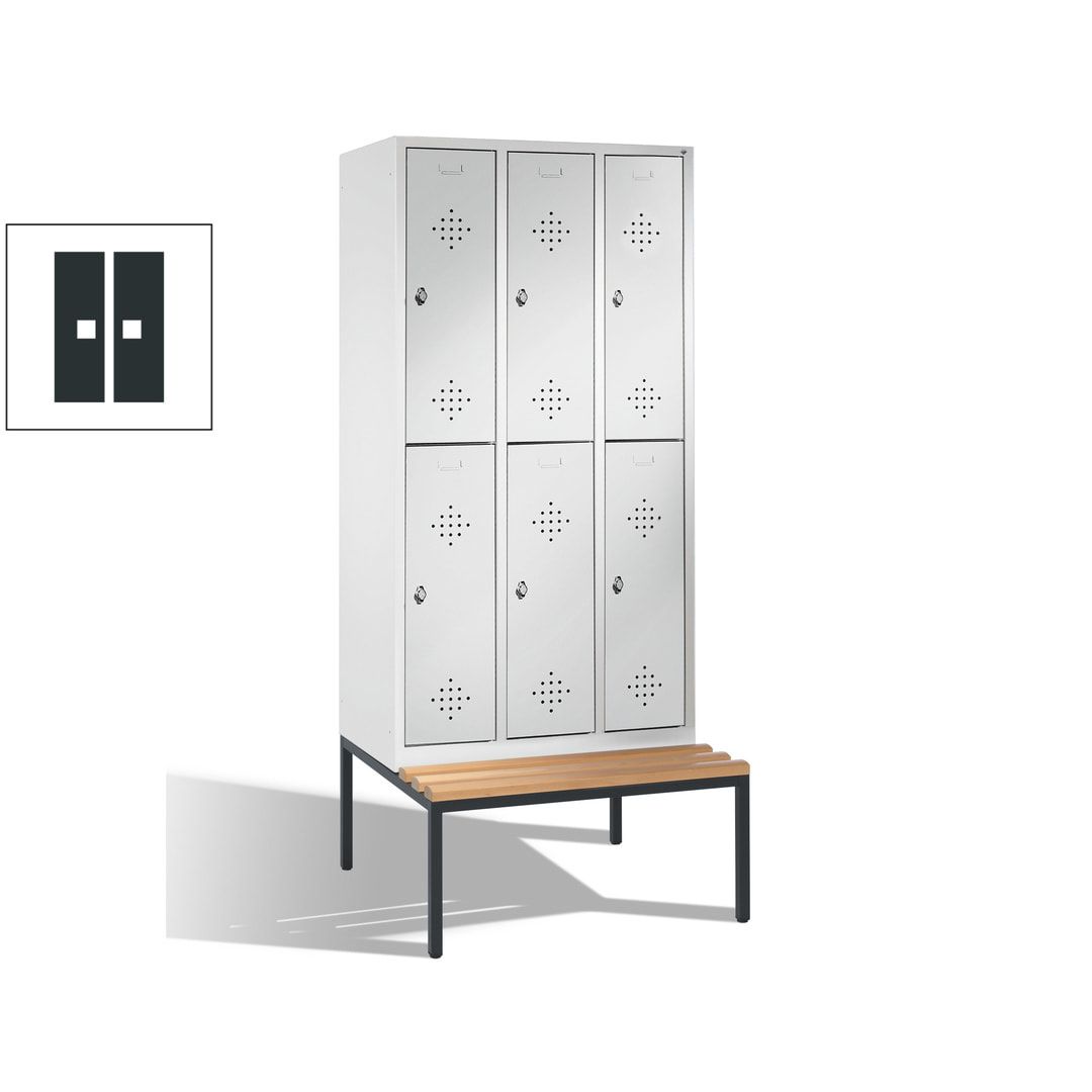 Garderobenschrank, Spind, 3 Abteile 6 Fächer, 2.090 x 1.200 x 815 mm (HxBxT), Hartholz Sitzbank untergebaut, Korpus anthrazitgrau, Türen anthrazitgrau