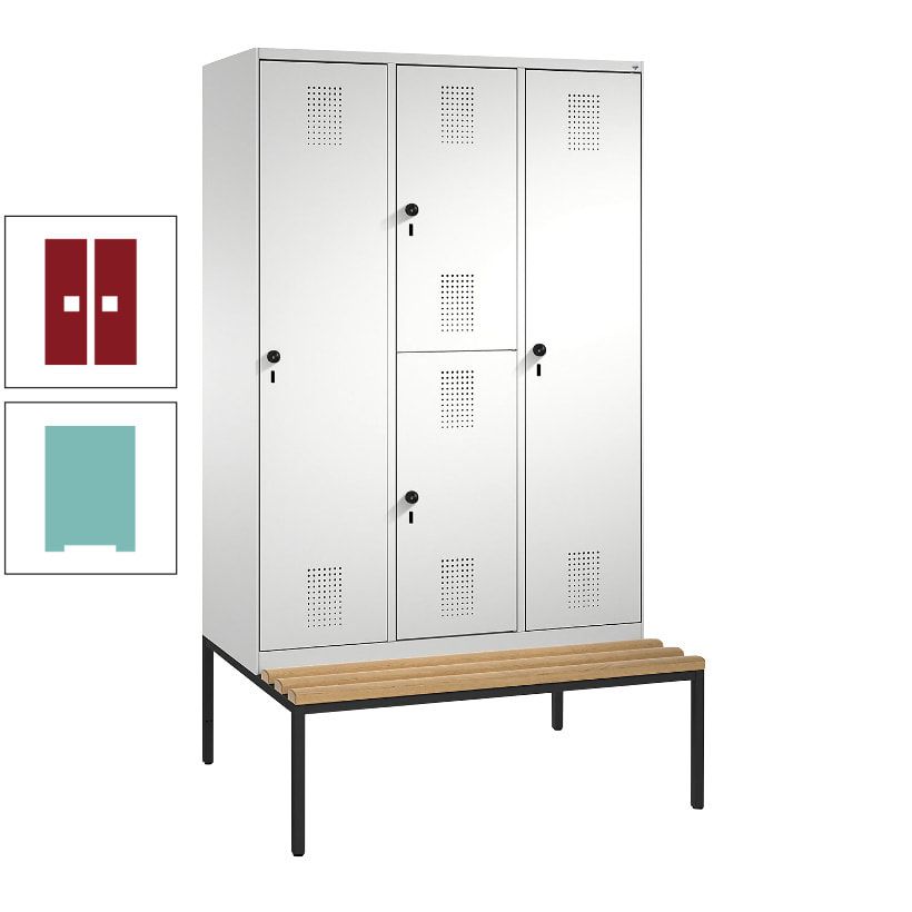 Garderobenschrank, Spind ein- und doppelstöckig Sitzbank, 3 Abteile, 4 Fächer, 2.090x1.200x500 mm (HxBxT), Front anthrazitgrau, Korpus anthrazitgrau
