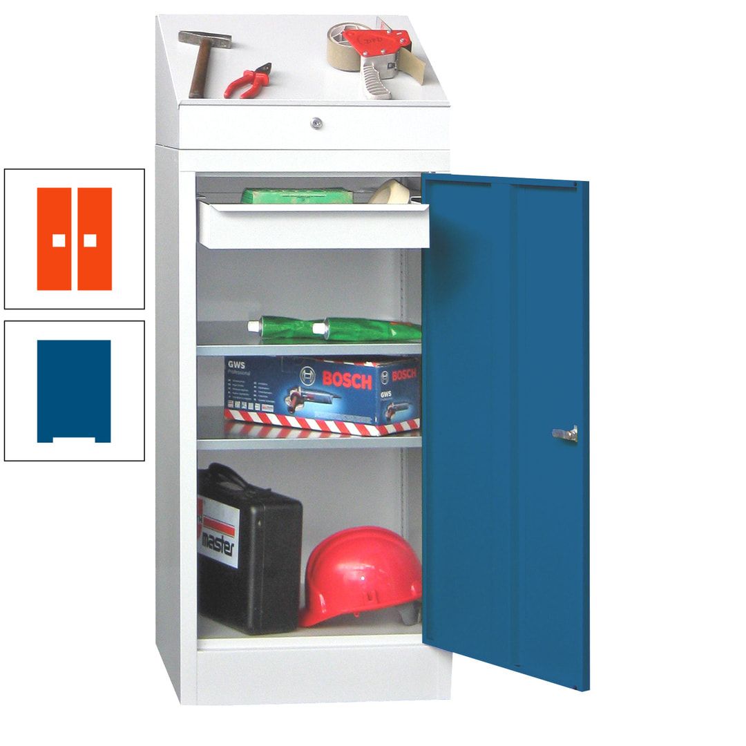 Stehpult mit Schrank - Vollblechtür - 1 Einlegeboden, 1 Ausziehboden, 1 Schublade - 1.270x500x500 mm (HxBxT) - anthrazitgrau