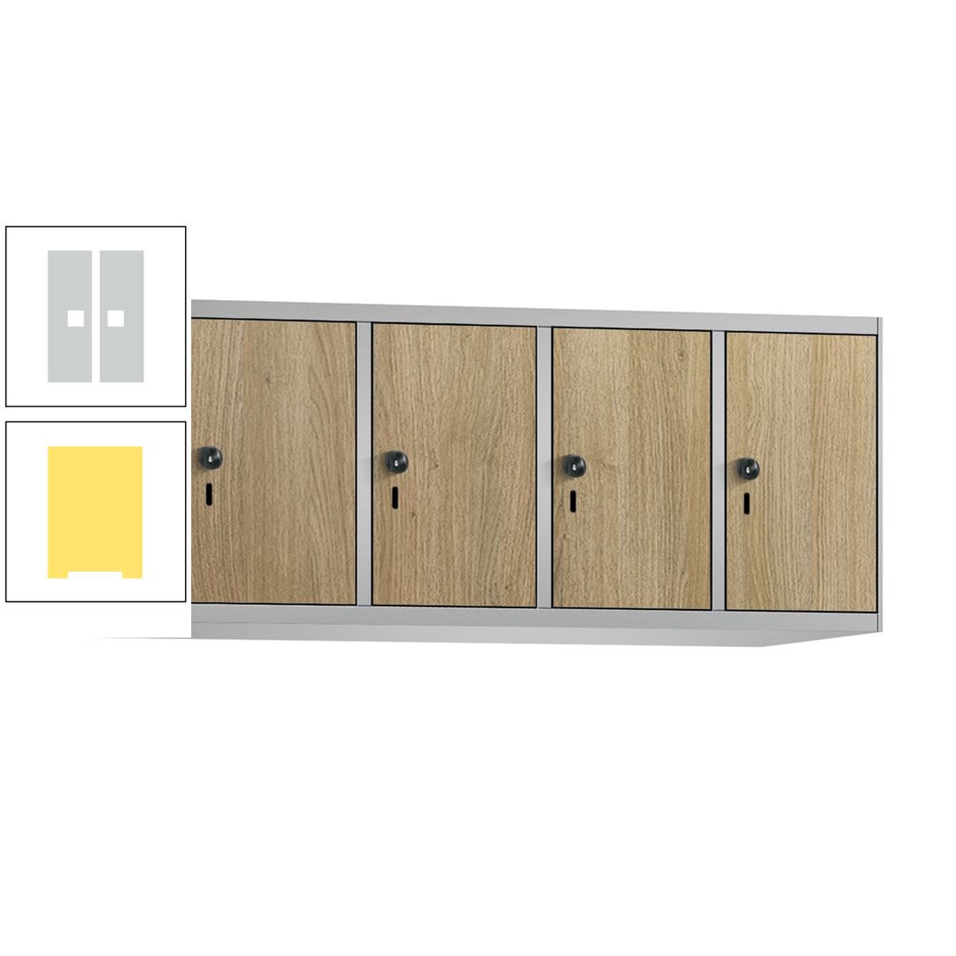 Aufsatzschrank, Schrankaufsatz, 4 Fächer a 300 mm, Farbe Pastellgelb, Tür anthrazitgrau, 500 x 1.200 x 500 mm (HxBxT)
