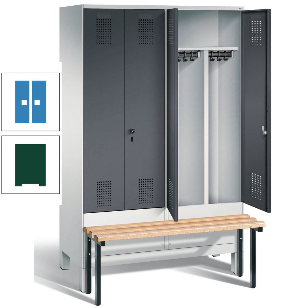 Doppel-Spind, Garderobenschrank, Buche Sitzbank vorgebaut, 4 Abteile a 300 mm, Korpus feuerrot, Tür Wasserblau, 1.850 x 1.200 x 815 mm (HxBxT)