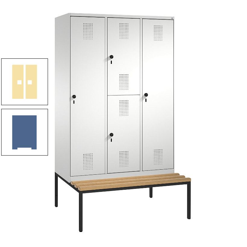Garderobenschrank, Spind ein- und doppelstöckig Sitzbank, 3 Abteile, 4 Fächer, 2.090x1.200x500 mm (HxBxT), Front anthrazitgrau, Korpus anthrazitgrau