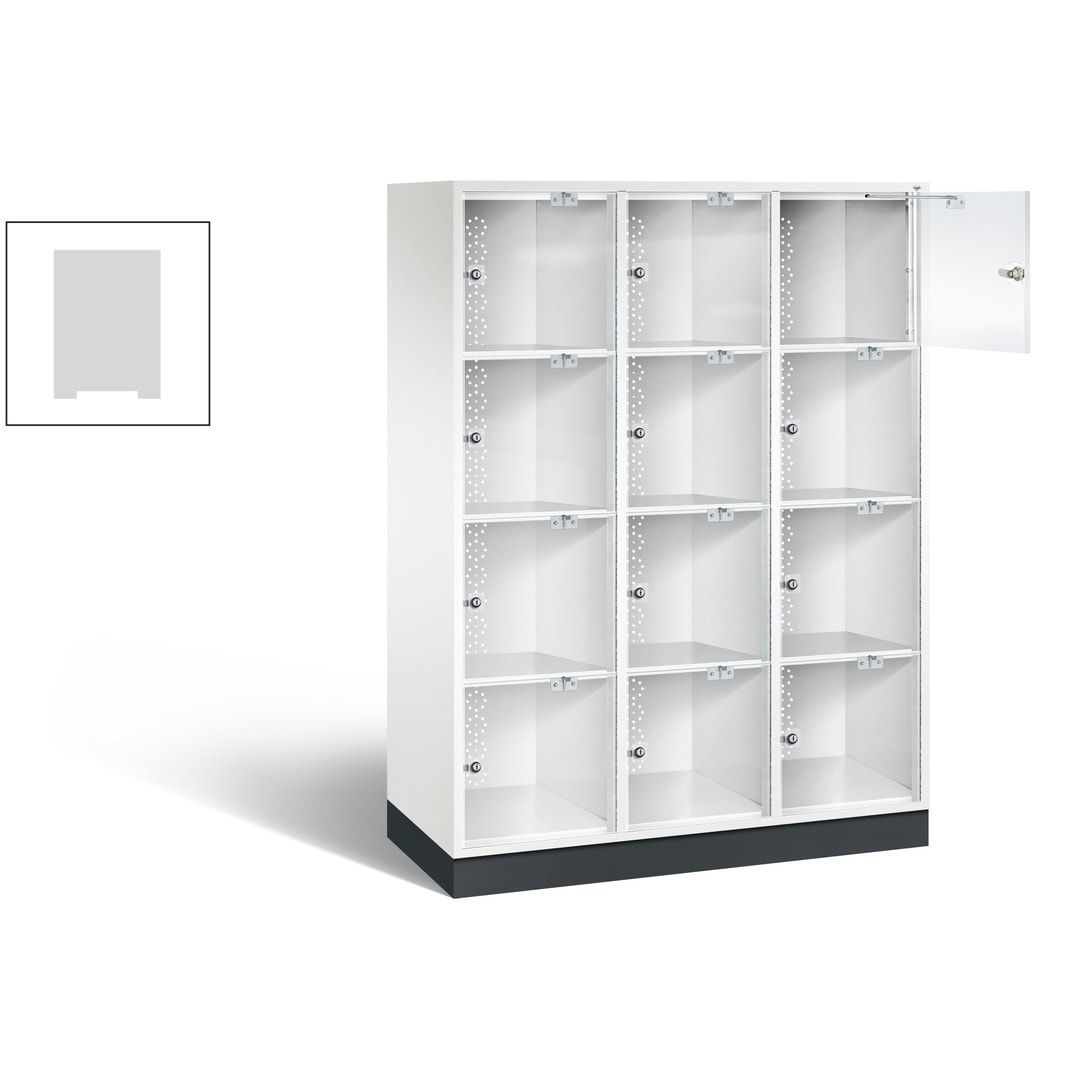 Schließfachschrank, Fächerschrank mit Türen aus Acrylglas, 3 Abteile, 12 Fächer, Zylinderschloss, 1.750 x 1.220 x 500 mm (HxBxT), Korpus anthrazitgrau