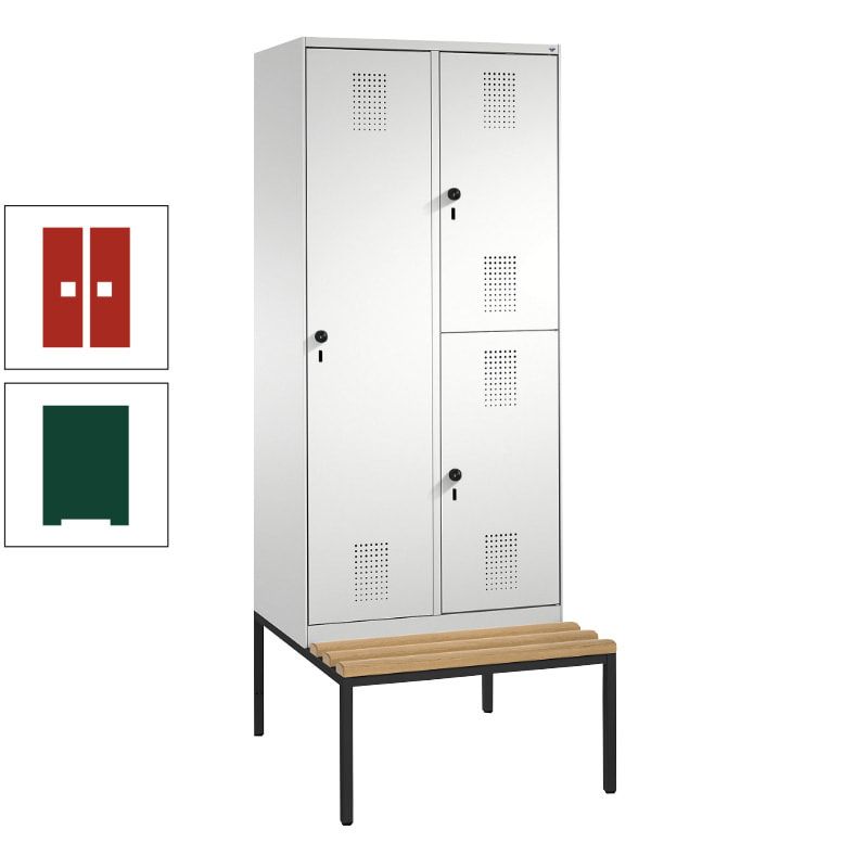 Garderobenschrank, Spind ein- und doppelstöckig Sitzbank, 2 Abteile, 3 Fächer, 2.090 x 800 x 500 mm (HxBxT), Front anthrazitgrau, Korpus anthrazitgrau