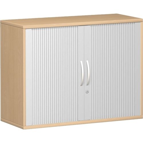 Anstell-Querrollladenschrank, Dekoreinlageboden, Stellfüße, abschließbar, 720 x 1.000 x 425 mm (HxBxT), Korpusfarbe Ahorn, Frontfarbe silber