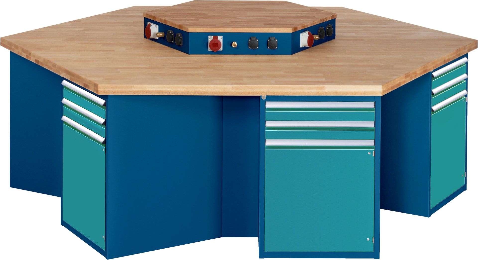 Gruppenwerkbank, Buche, Höhe 840 mm, mit Energieaufsatz, Unterbau-Container, 2 Schubladen, 1 Tür, 1 Boden - Anthrazitgrau