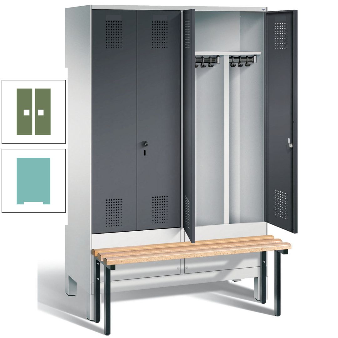 Doppel-Spind, Garderobenschrank, Buche Sitzbank vorgebaut, 4 Abteile a 300 mm, Korpus feuerrot, Tür Wasserblau, 1.850 x 1.200 x 815 mm (HxBxT)