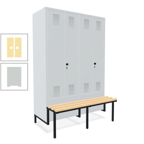 Doppel-Spind, Garderobenschrank, Buche Sitzbank integriert, 4 Abteile 300 mm, Korpus anthrazitgrau, Tür anthrazitgrau, 1.850 x 1.200 x 815 mm (HxBxT)