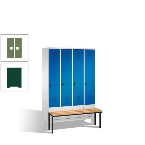 Stahl-Garderobenschrank, Spind, Buche Sitzbank vorgebaut, 4 Abteile a 300 mm, Korpus Lichtgrün, Tür Schwefelgelb, 1.850 x 1.200 x 815 mm (HxBxT)