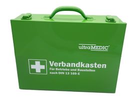 ultraMEDIC Betriebsverbandkasten, Erste-Hilfe-Koffer, mit Füllsortiment, DIN 13169, 265 x 355 x 100 mm (HxBxT), Stahl, grün