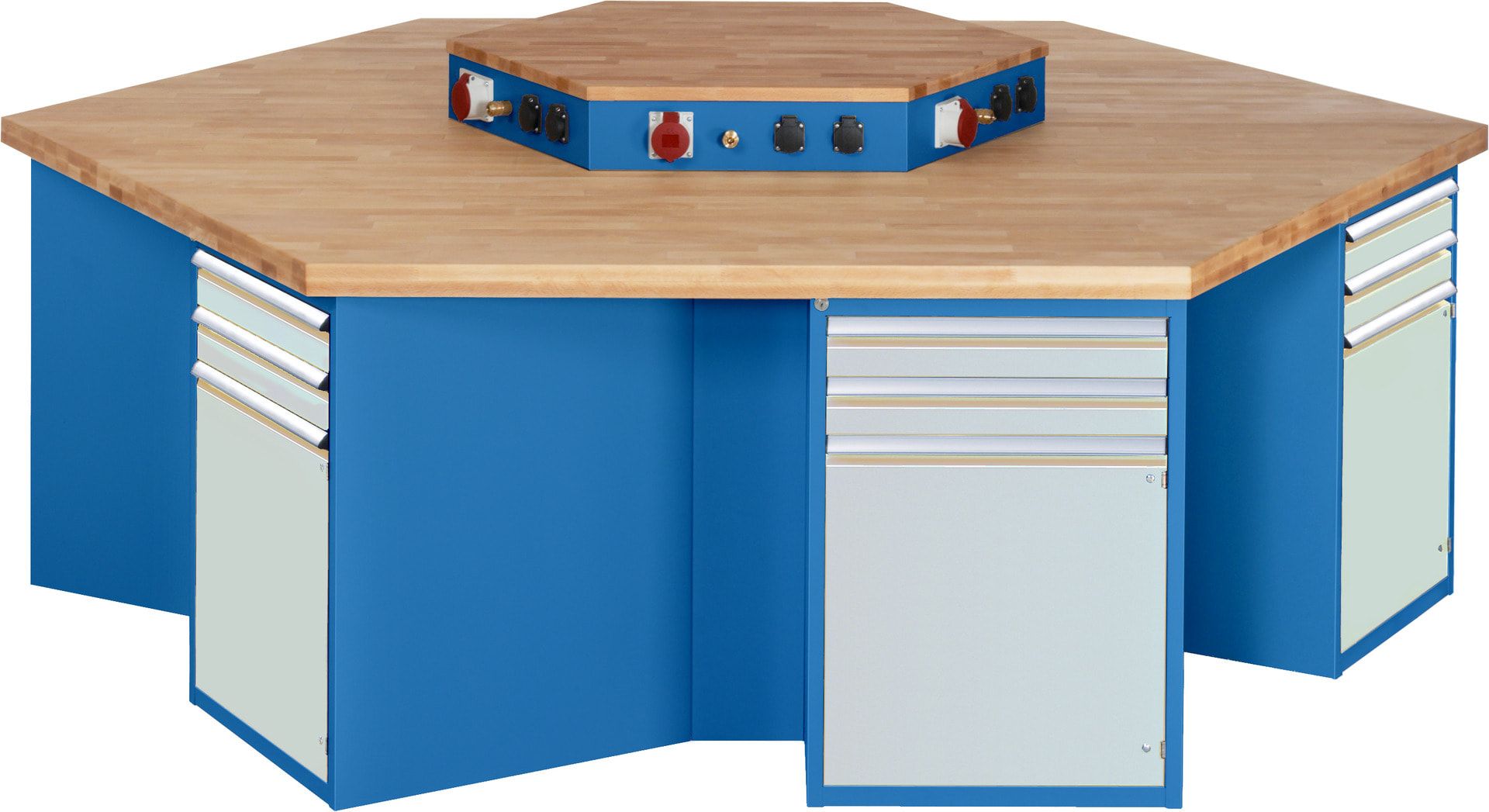 Gruppenwerkbank, Buche, Höhe 840 mm, mit Energieaufsatz, Unterbau-Container, 2 Schubladen, 1 Tür, 1 Boden - Anthrazitgrau