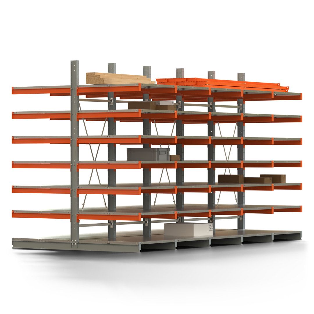 Doppelseitiges Kragarmregal mit Fachböden, 2 Felder, 3.000 x 2.000 (HxB), Nutztiefe 1.000 mm, Kragarmlast 450 kg, KARL basic, silbergrau/reinorange