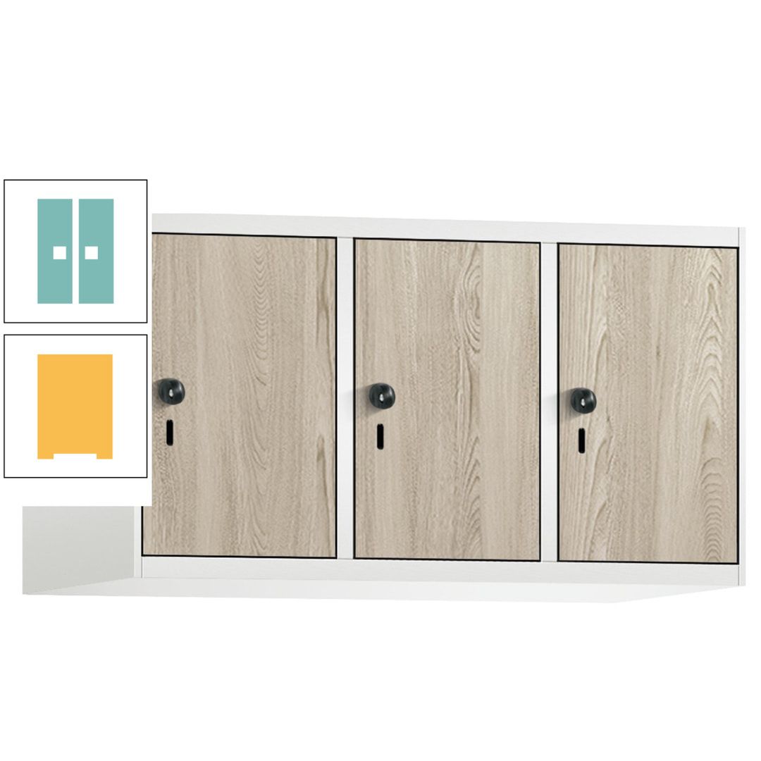 Aufsatzschrank, Schrankaufsatz, 3 Fächer a 300 mm, Farbe Pastellgelb, Tür anthrazitgrau, 500 x 900 x 500 mm (HxBxT)