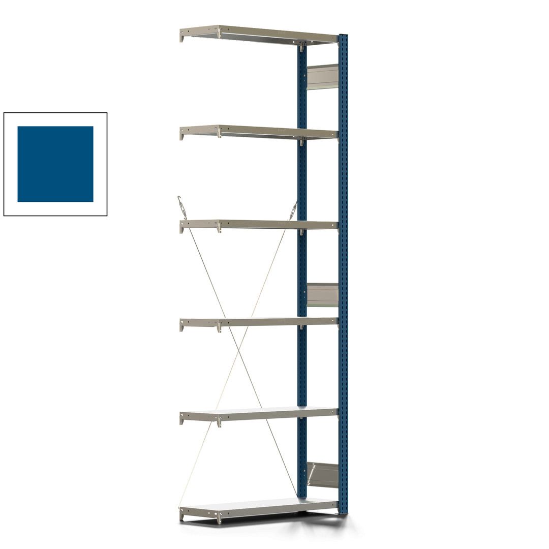Fachbodenregal mit Tiefenriegel - 350 kg - 2.500 x 875 x 326 mm (HxBxT) - Anbauregal - 6 Böden - enzianblau - Lagerregal - Steckregal BERT