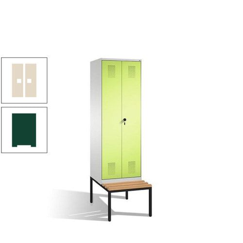 Doppel-Spind, Garderobenschrank, Buche Sitzbank untergebaut, 2 Abteile a 300 mm, Korpus anthrazitgrau, Tür anthrazitgrau, 2.090 x 600 x 815 mm (HxBxT)